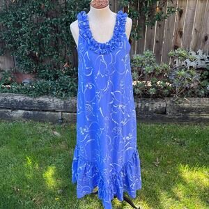 Vtg 80's Hilo Hattie Periwinkle Floral Ruffle Maxi Hawaiian USA Dress Size S